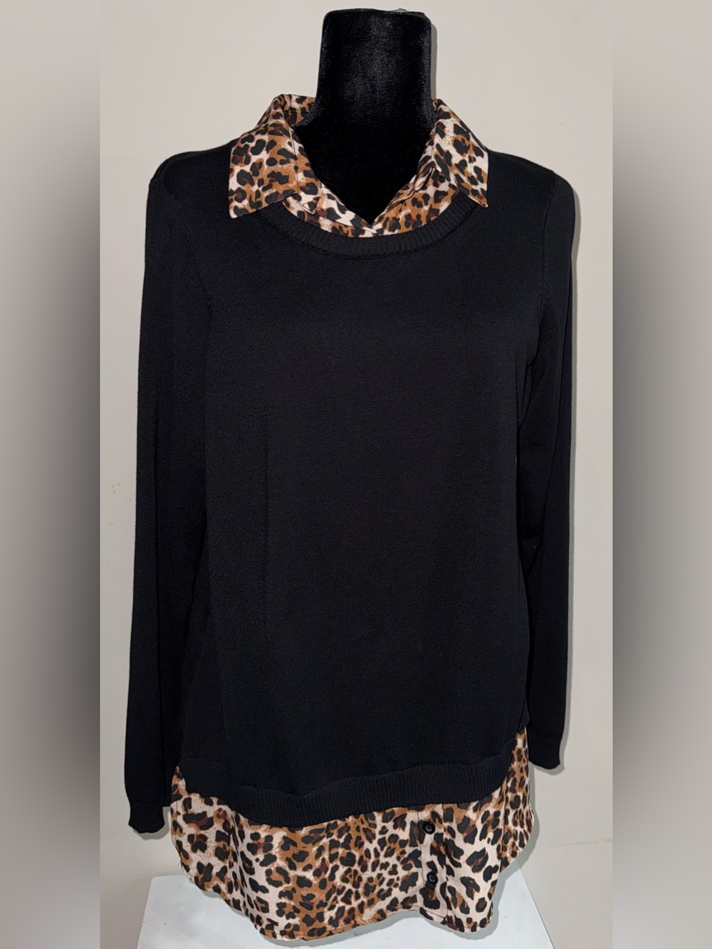 Adrianna Papell Leopard Print Layered Twofer Sweater Top L